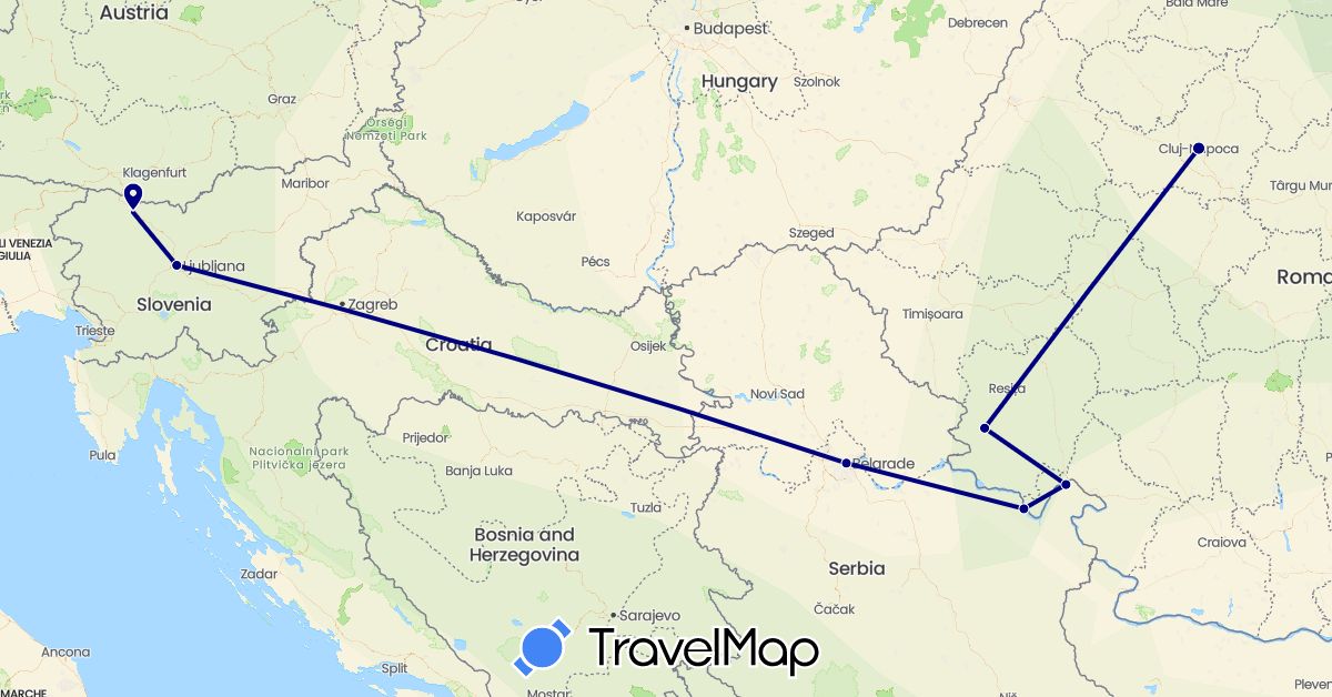 TravelMap itinerary: driving in Romania, Serbia, Slovenia (Europe)